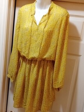 Women’s Yellow Floral Long-Sleeve Shirred Waist Dress